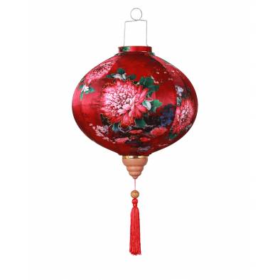 CNY 14inch Round Hotstamp Mudan Satin Lantern (Wine Red)